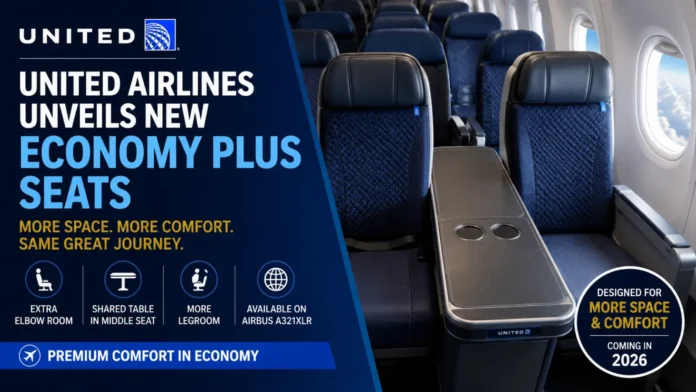 United Airlines Economy Plus Seats With Extra Elbow Room United Airlines unveils new Economy Plus seating with extra elbow room and an open middle seat table on the Airbus A321XLR