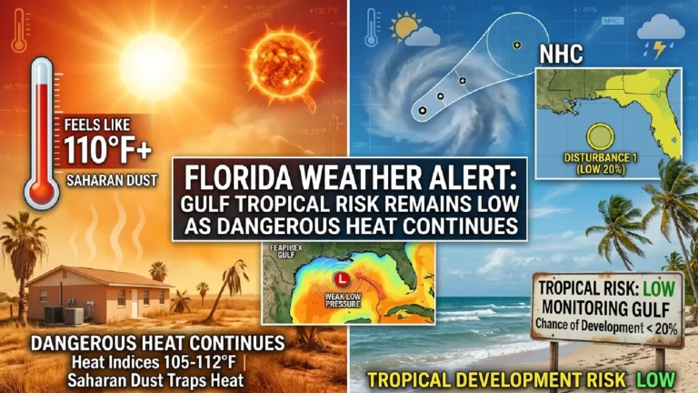 Florida weather map showing low tropical development chances in the Gulf as dangerous heat and humidity affect the state